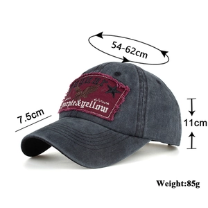 Distressed cotton baseball cap featuring eagle embroidery and detailed size specifications