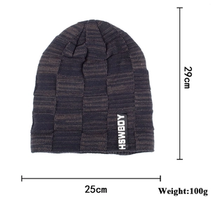 Winter knitted beanie hat with brown and black plaid pattern and HSWBOY label