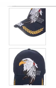 Dettaglio del ricamo con testa d'aquila USA e Native Pride su cappello blu navy
