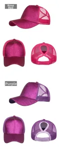 Detailansicht von pinken und lila Glitzer-Trucker-Caps mit elastischem Pferdeschwanzloch