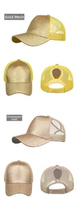 Detailansicht der Glitzer-Pferdeschwanz-Caps in Gold und Champagner mit Netzgewebe