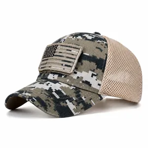 Tactical Camouflage Baseball Cap With US Flag Patch Breathable Mesh Sun Protection Adjustable Outdoor Sport Hat For Men
