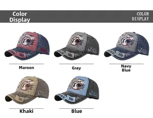 Detail view of washed cotton shark embroidery baseball caps in five classic colors
