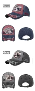 Detail of washed cotton baseball caps with shark embroidery and metal buckle closure