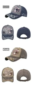 Detail view of navy and khaki washed baseball caps with shark embroidery and distressed edges