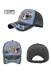Multiple views of vintage washed baseball cap with shark patches and blue-black contrast