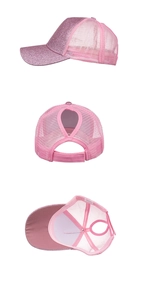 Détails de la casquette rose à paillettes pour queue de cheval avec maille et attache