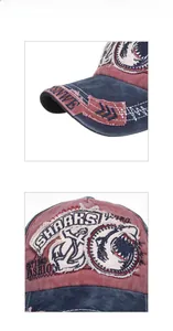 Close-up of vintage wash baseball cap with embroidered shark patch and frayed edges