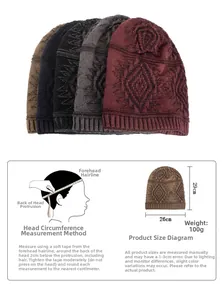 Detailed size specifications for thick knit beanies with geometric diamond textures