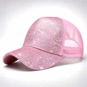 Damen Glitzer Pferdeschwanz Baseballkappe Kreuz und Quer Hoher Messy Bun Mesh Rücken Verstellbare Trucker Hut Mode Sonnenhut