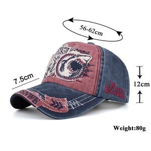 Navy and burgundy washed baseball cap with shark embroidery and vintage streetwear look