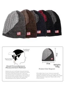 Size chart for chenille American flag beanie showing dimensions and head measurement guide