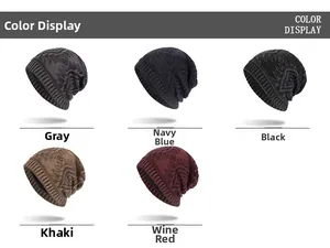 Close-up of knit hats showing diamond textures in grey, navy, black, khaki, and burgundy
