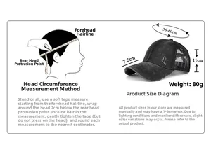 Size guide for washed ponytail baseball cap with 56-60cm circumference and 7.5cm brim