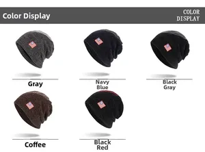 Detailed view of chenille knit beanies in five colors featuring American flag patch accents