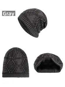 Detail of grey knitted beanie showing diamond pattern, ribbed brim and warm fleece lining