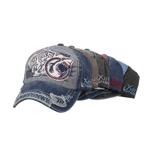 Vintage washed cotton baseball caps with embroidered shark patches in five colors
