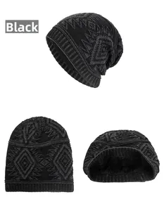 Detail view of black diamond knit beanie with warm thermal fleece lining and soft texture