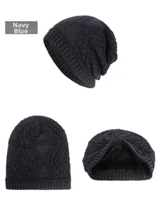 Detail of navy blue knit beanie featuring diamond patterns and thick faux fur lining