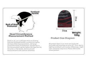 Detailed size guide for knitted striped beanie with dimensions 29cm height and 24cm width