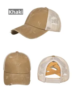 Three views of khaki washed cotton baseball cap with ponytail criss-cross elastic bands