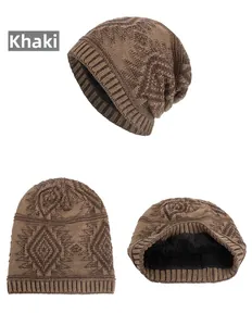 Detail of khaki knit beanie featuring geometric diamond jacquard and thick black fleece lining