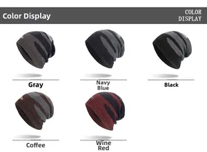 Grid display of camouflage knit beanies in grey, navy, black, coffee and burgundy colors