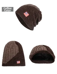 Detailed view of the warm coffee brown knit hat with soft fleece lining and flag patch