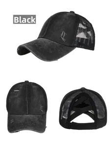 Detailed views of a distressed black ponytail baseball cap with elastic criss-cross bands