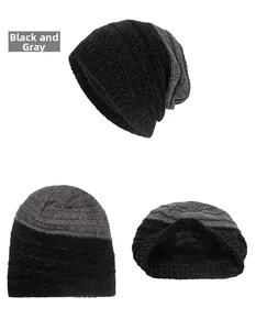 Detail of gray chenille striped knit beanie showing warm fleece lining and ribbed texture
