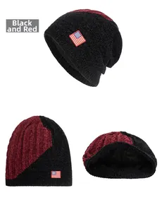 Winter chenille beanie with American flag patch and thick black fleece lining for warmth