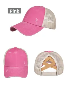 Pink distressed baseball cap detail featuring criss-cross elastic bands for high ponytail hair