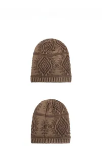 Detail showing front and back views of brown knitted beanie with geometric patterns