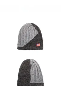 Detailed front and back view of grey cable knit chenille beanie with US flag patch