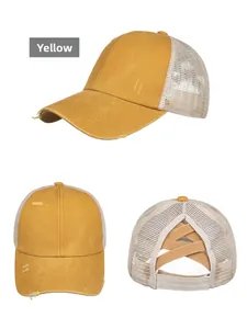Three-view detail of yellow distressed ponytail baseball cap with elastic cross straps