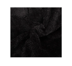 Close-up of thick black chenille knit fabric with dense soft plush texture for winter hats