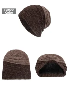Detail of coffee brown chenille knit beanie with black fleece lining for winter warmth