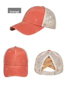 Three-way view of distressed orange ponytail baseball cap with elastic cross bands