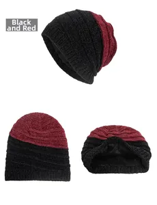 Detail view of winter chenille knit hat with red and black stripes and warm fleece lining