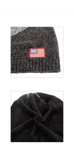 Detail of grey chenille beanie showing US flag patch and thick black faux fur lining
