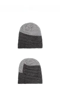 Detail view of winter knitted beanie showing thick grey two-tone chenille striped texture