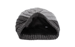 Detail of chenille knit beanie showing thick faux sheepskin lining and two-tone texture