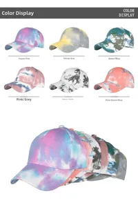 Color display of tie-dye baseball caps in six diverse cotton twill fabric patterns