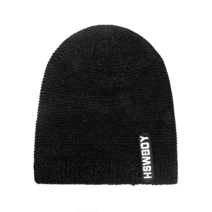 Classic black chenille knitted beanie with ribbed cuff and side logo patch for winter