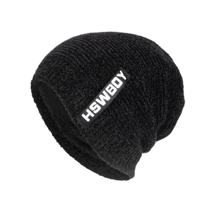Thick black chenille knit beanie with HSWBOY label for winter outdoor thermal warmth