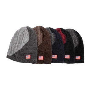 Knitted chenille winter beanies featuring American flag patches in five varied colors