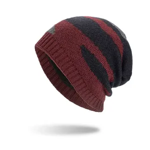 Unisex Winter Striped Knit Beanie Hat With Warm Fleece Lining Casual Acrylic Camouflage Skull Cap For Outdoor Cold Protection