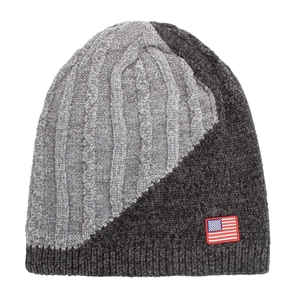Winter cable knit beanie with grey contrast tones and American flag patch detail