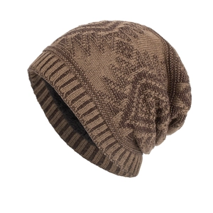Winter knitted beanie featuring brown diamond patterns and warm fleece lining