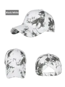 Detail view of tie-dye baseball cap with cross elastic back for high ponytail styling